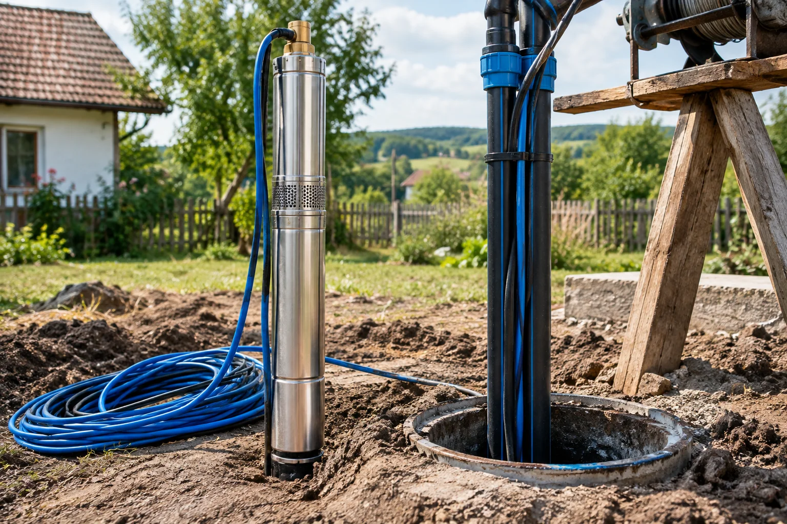 pompă submersibilă pentru puț adânc instalată lângă un foraj