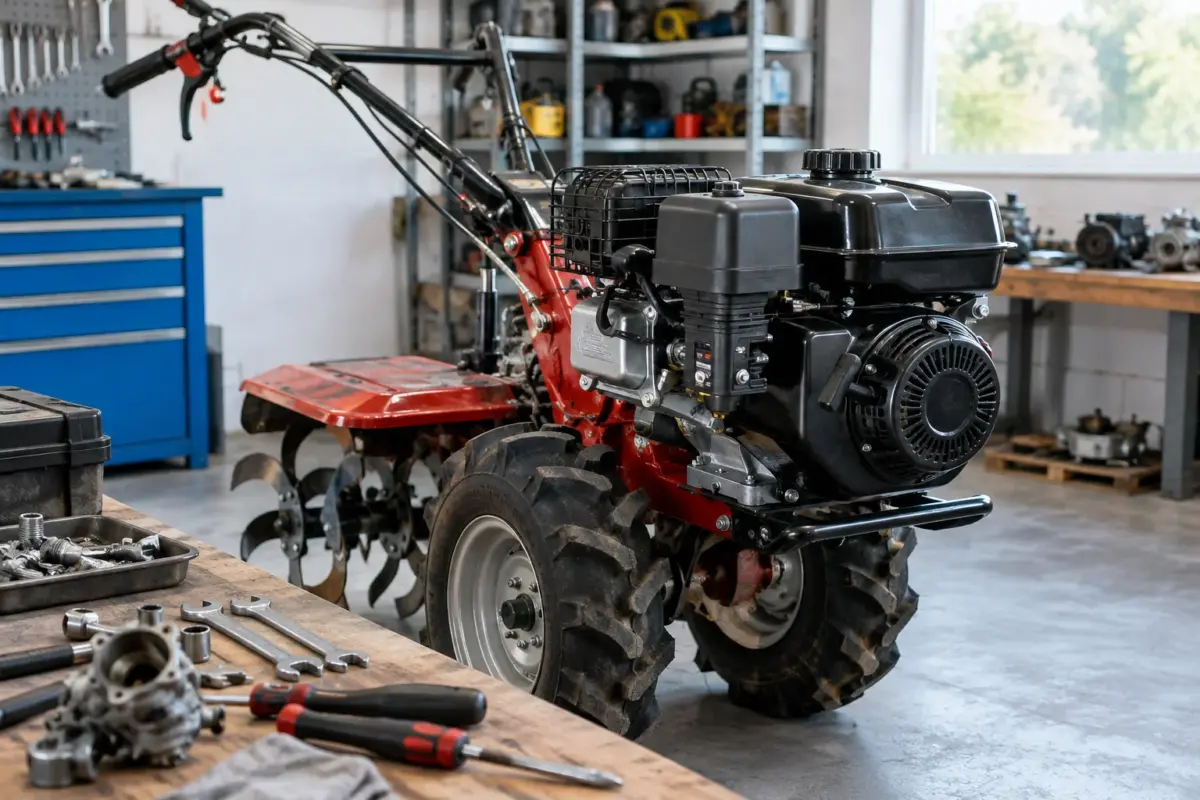 motor pe benzină de 15 CP montat pe un utilaj agricol în atelier