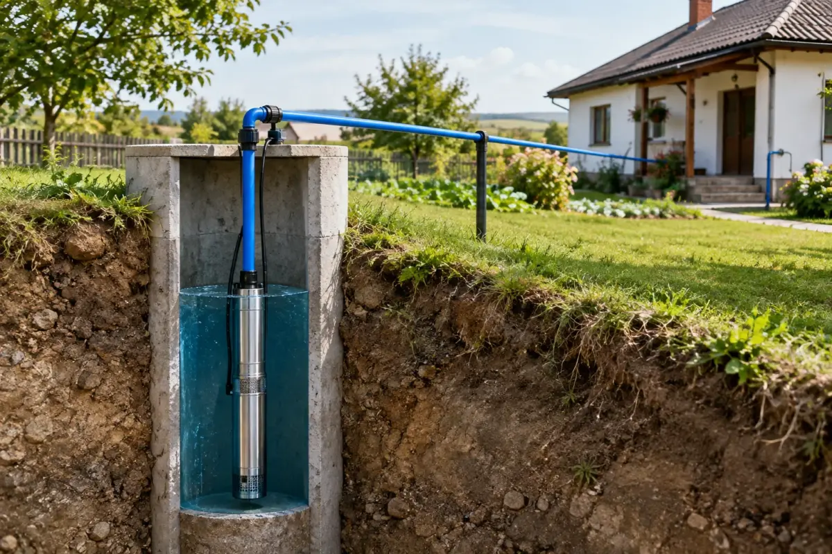Pompa submersibilă pentru puț instalată într-un sistem de alimentare cu apă al gospodăriei