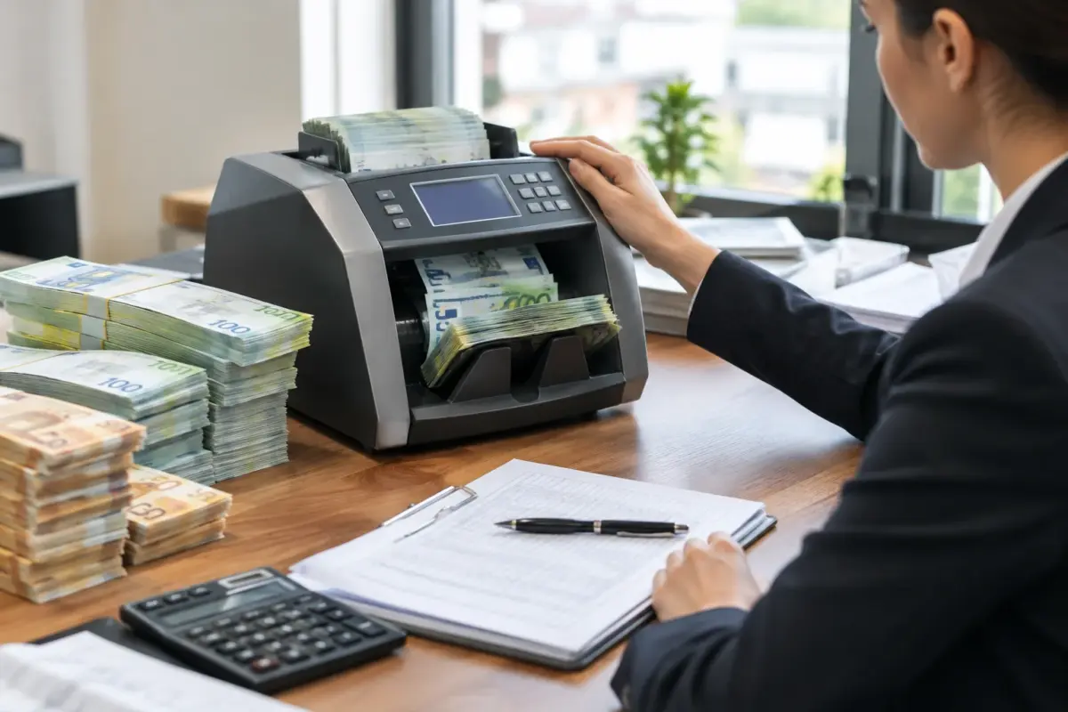 Mașină de numărat bani folosită într-o afacere cu numerar intens