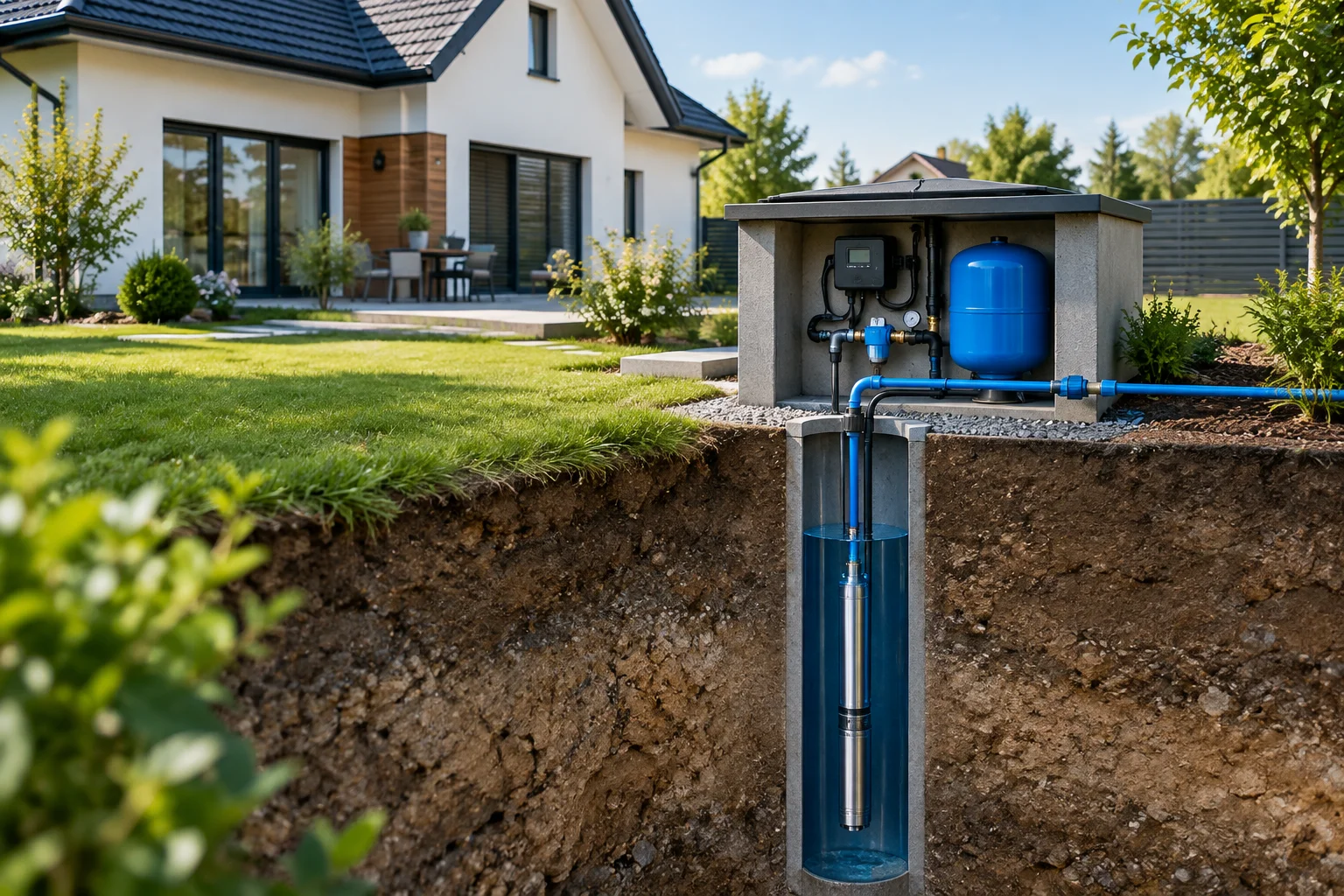 Pompă submersibilă cu presostat instalată pentru alimentarea automată cu apă în gospodărie