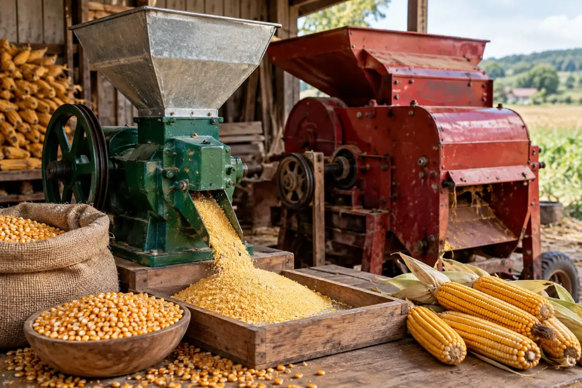 Moară de porumb și batoză alături, într-un context agricol realist