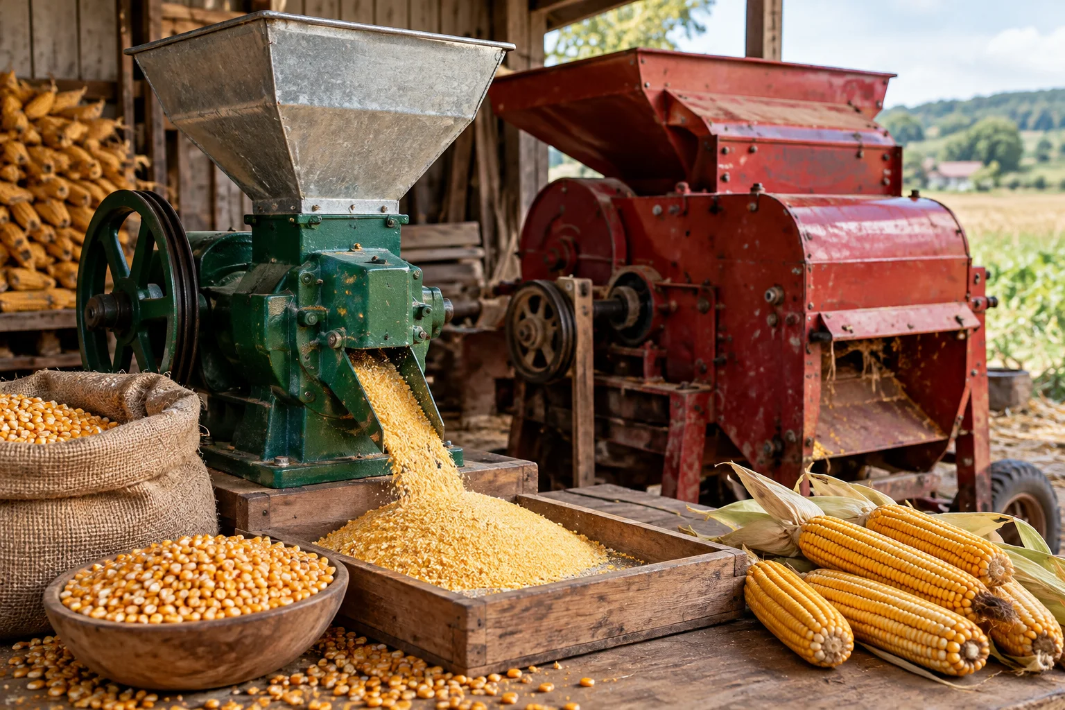 Moară de porumb și batoză alături, într-un context agricol realist