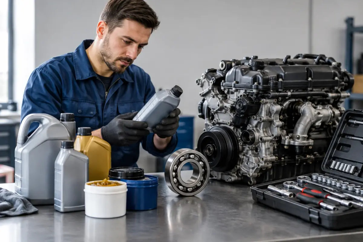 Tehnician care compară uleiul potrivit pentru utilaje și motoare într-un atelier