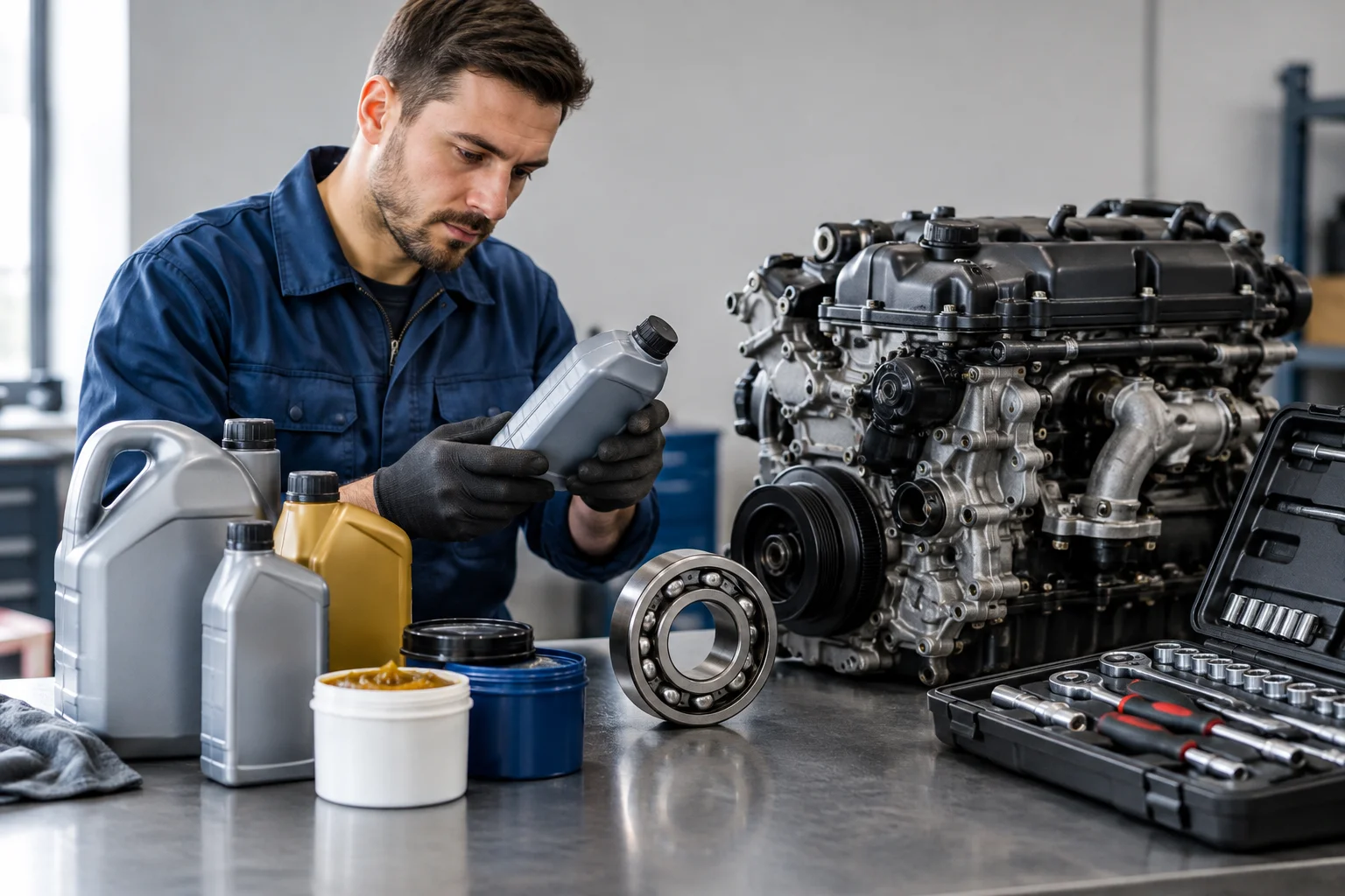 Tehnician care compară uleiul potrivit pentru utilaje și motoare într-un atelier