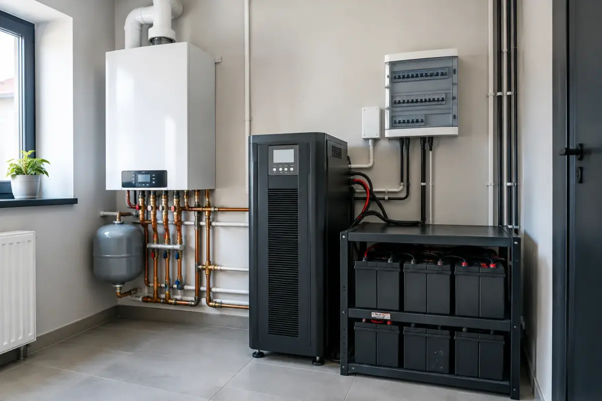 UPS pentru centrală termică cu baterie externă lângă o centrală instalată într-o cameră tehnică