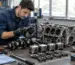 Mecanic verifică piese de motor uzate pe o bancă de lucru