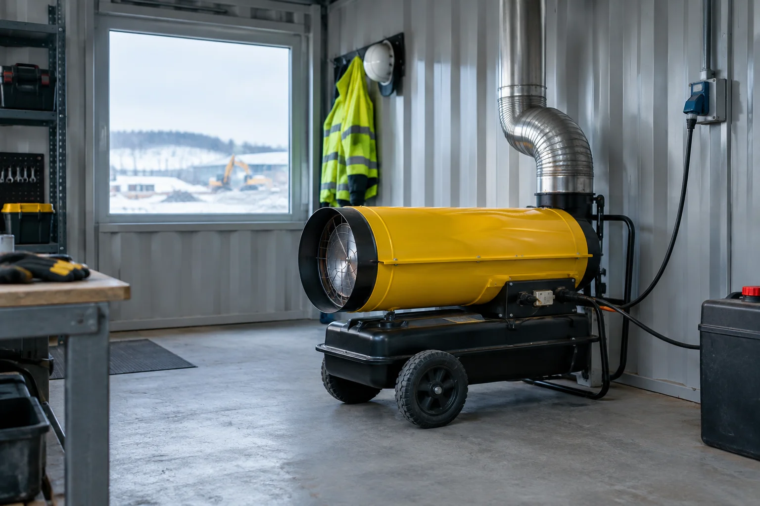 Încălzitor staționar diesel într-un spațiu industrial fără acces la rețea