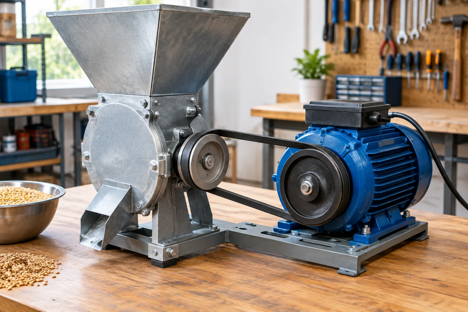 motor electric monofazat montat pentru o moară, cu fulie și elemente de prindere vizibile