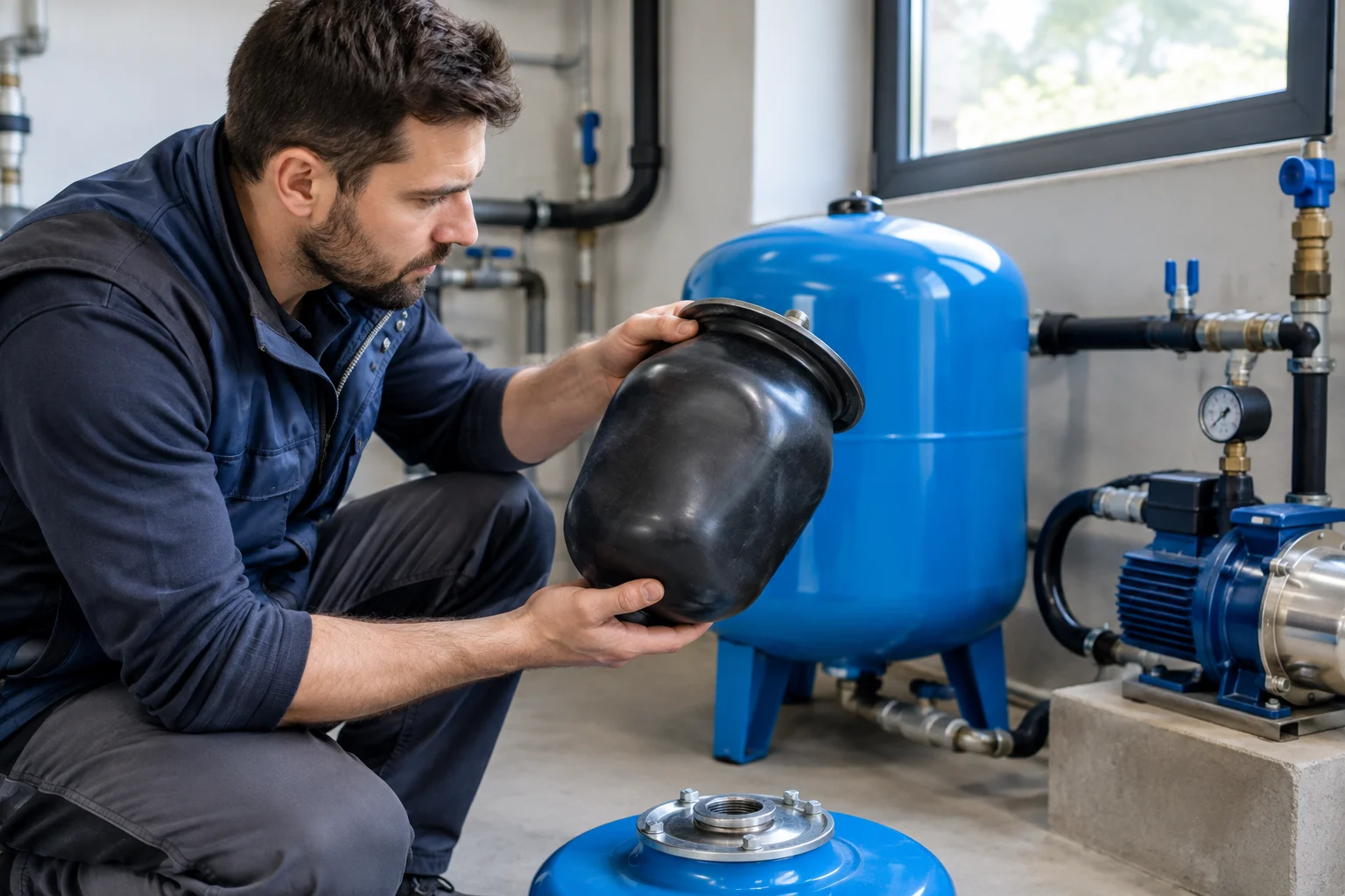 Tehnician verificând o membrană EPDM pentru vasul de expansiune lângă un hidrofor