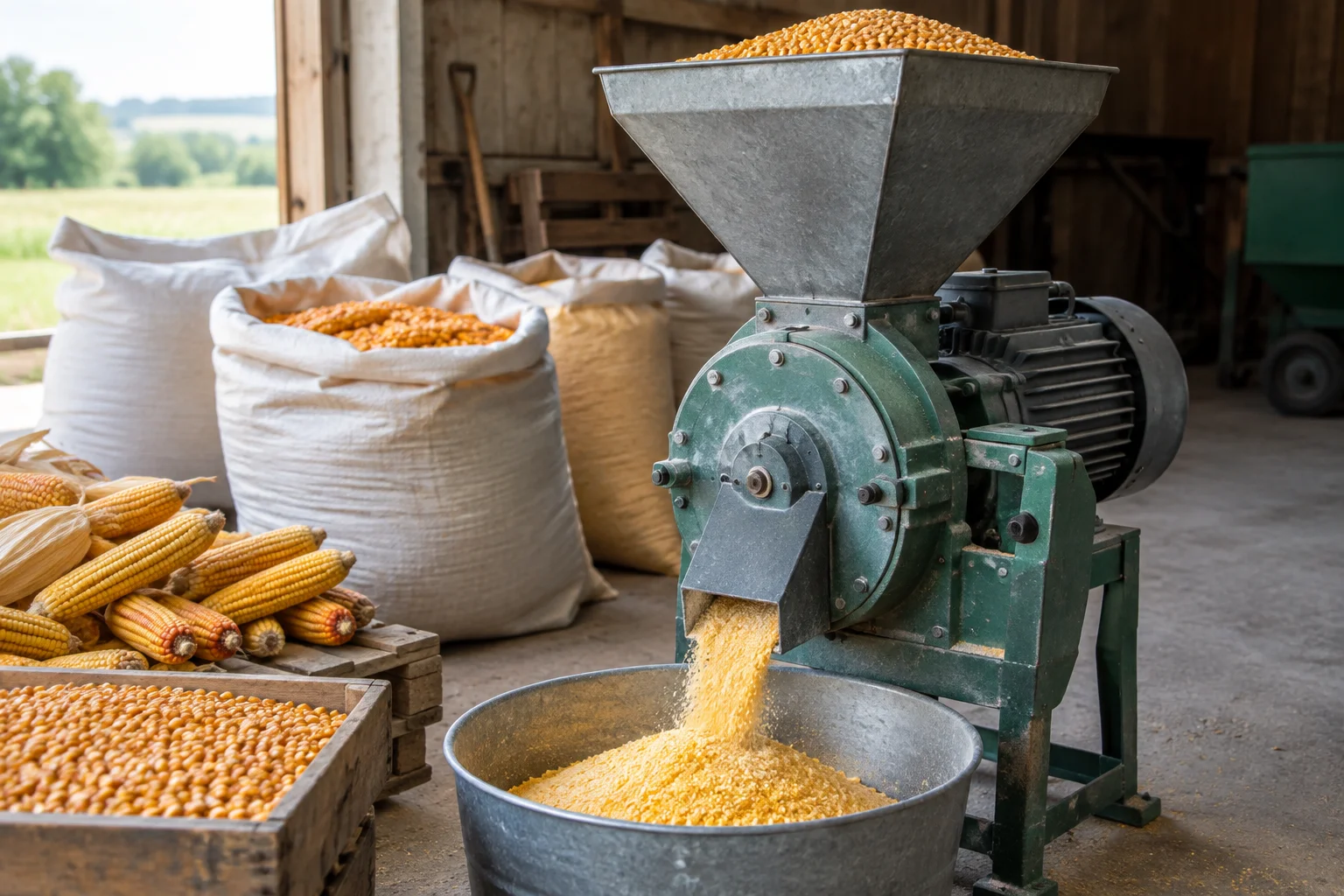 Moara de porumb și știuleți într-un spațiu de lucru agricol, alături de porumb boabe și știuleți uscați
