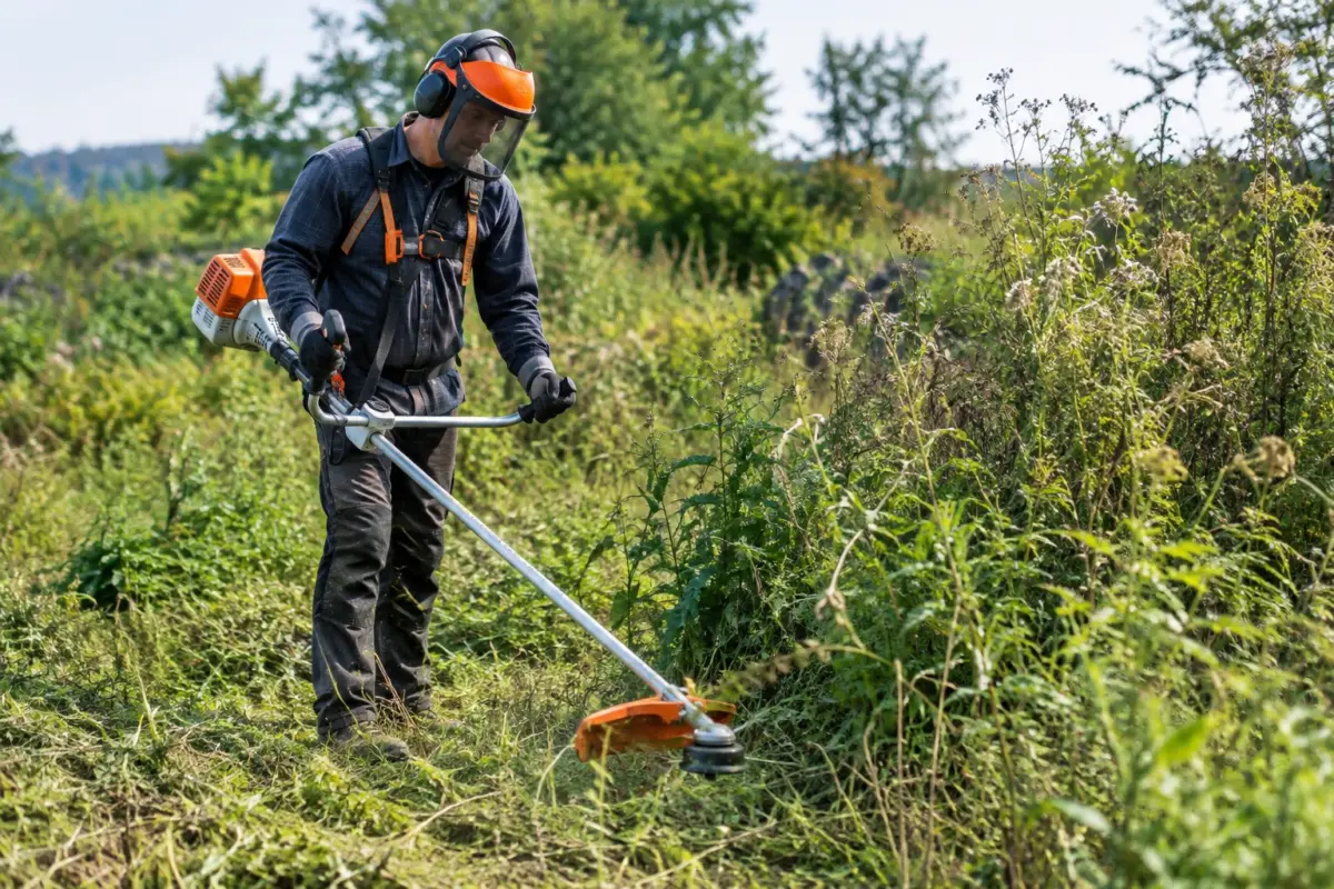Motocoasa pe benzină lucrând în vegetație deasă pe teren accidentat