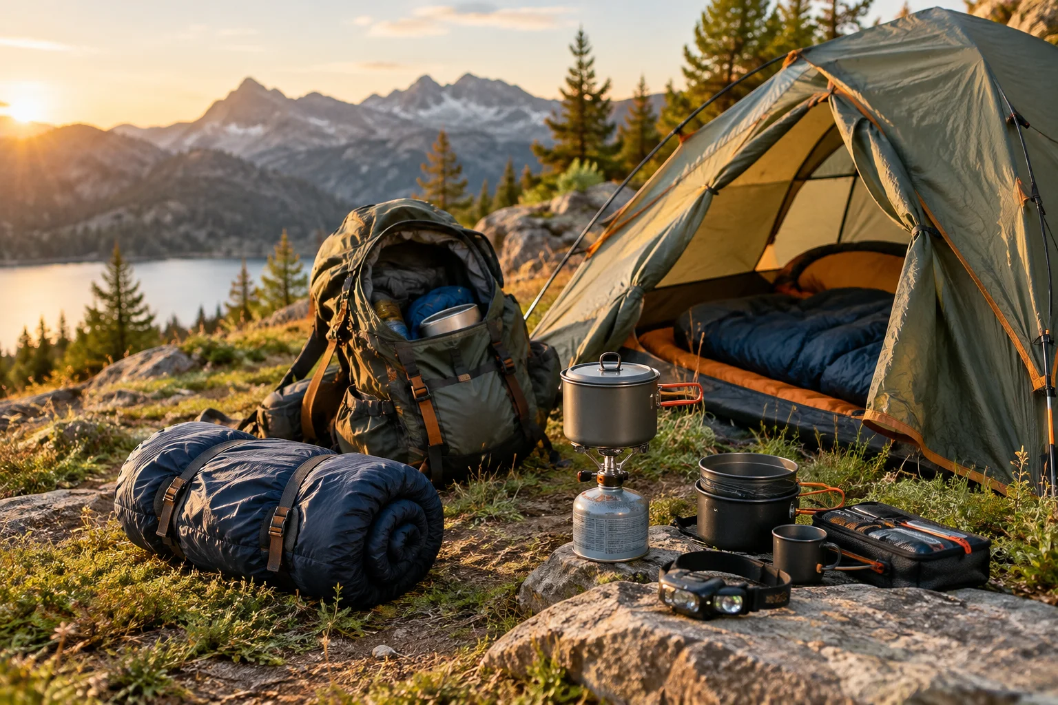 Echipament de camping pregătit lângă un cort, pentru o noapte sau tabere mai lungi