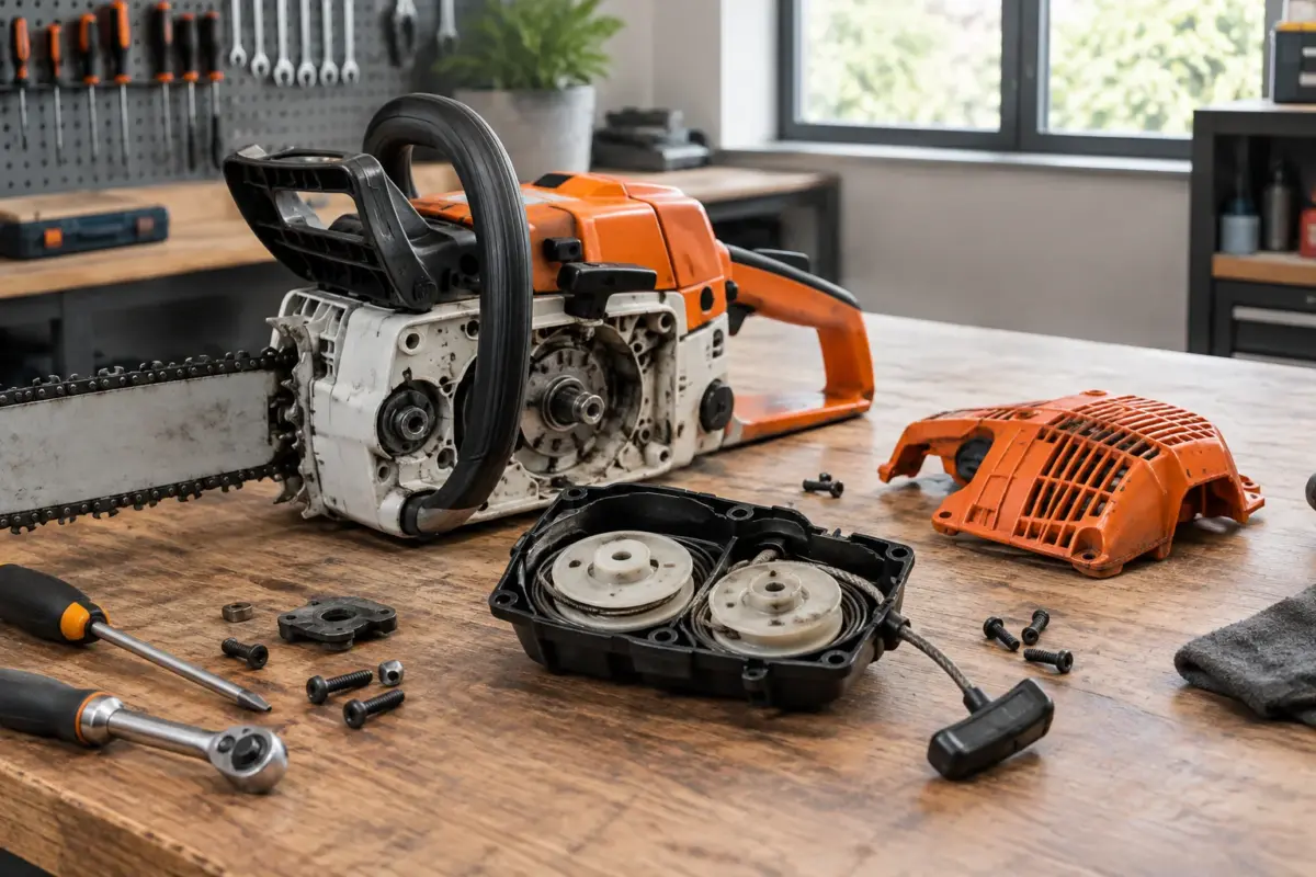 Demaror dublu drujbe 5200 4200 pe bancul de lucru, lângă o drujbă și unelte de montaj