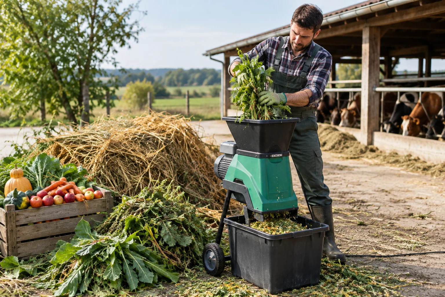 Tocător electric pentru resturi vegetale folosit într-o gospodărie cu legume, fructe, paie și foioase