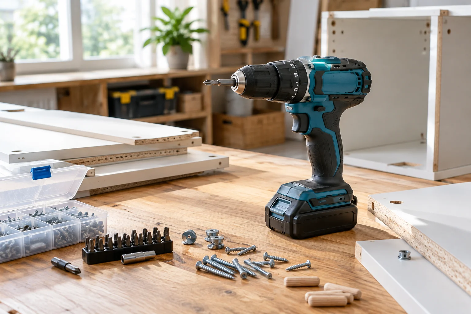 Mașina de găurit brushless folosită la montaj și bricolaj pe o bancă de lucru