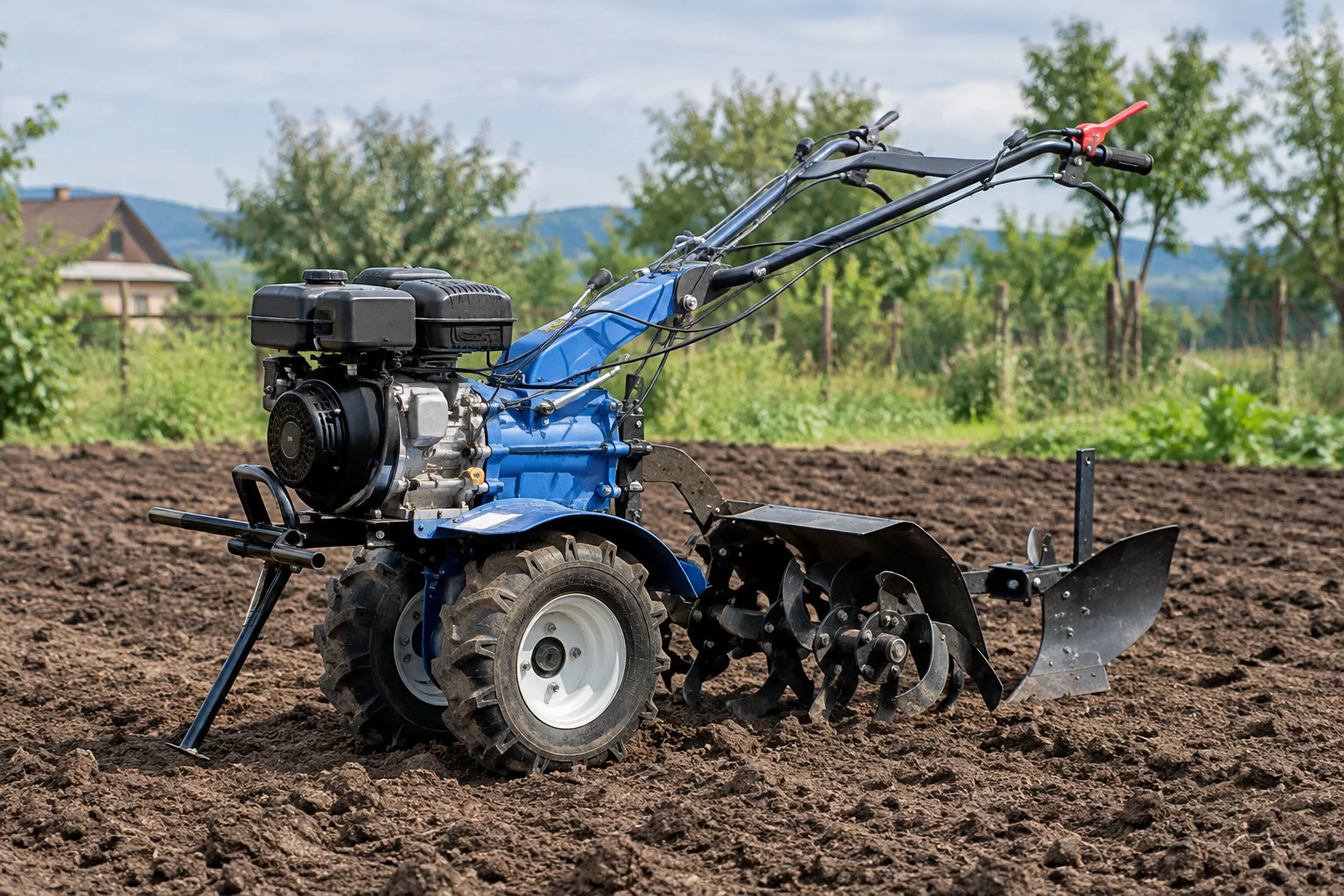 Motocultor de 7 CP cu accesorii complete pregătit pentru lucrări de grădină și teren agricol