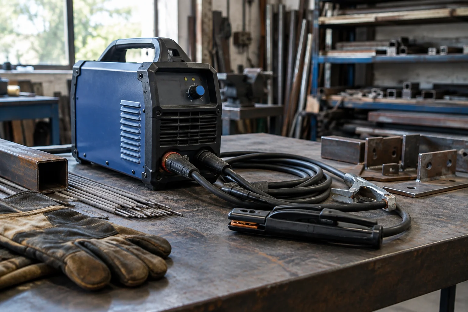 invertor MMA 400A într-un atelier de sudură, lângă cabluri și piese metalice