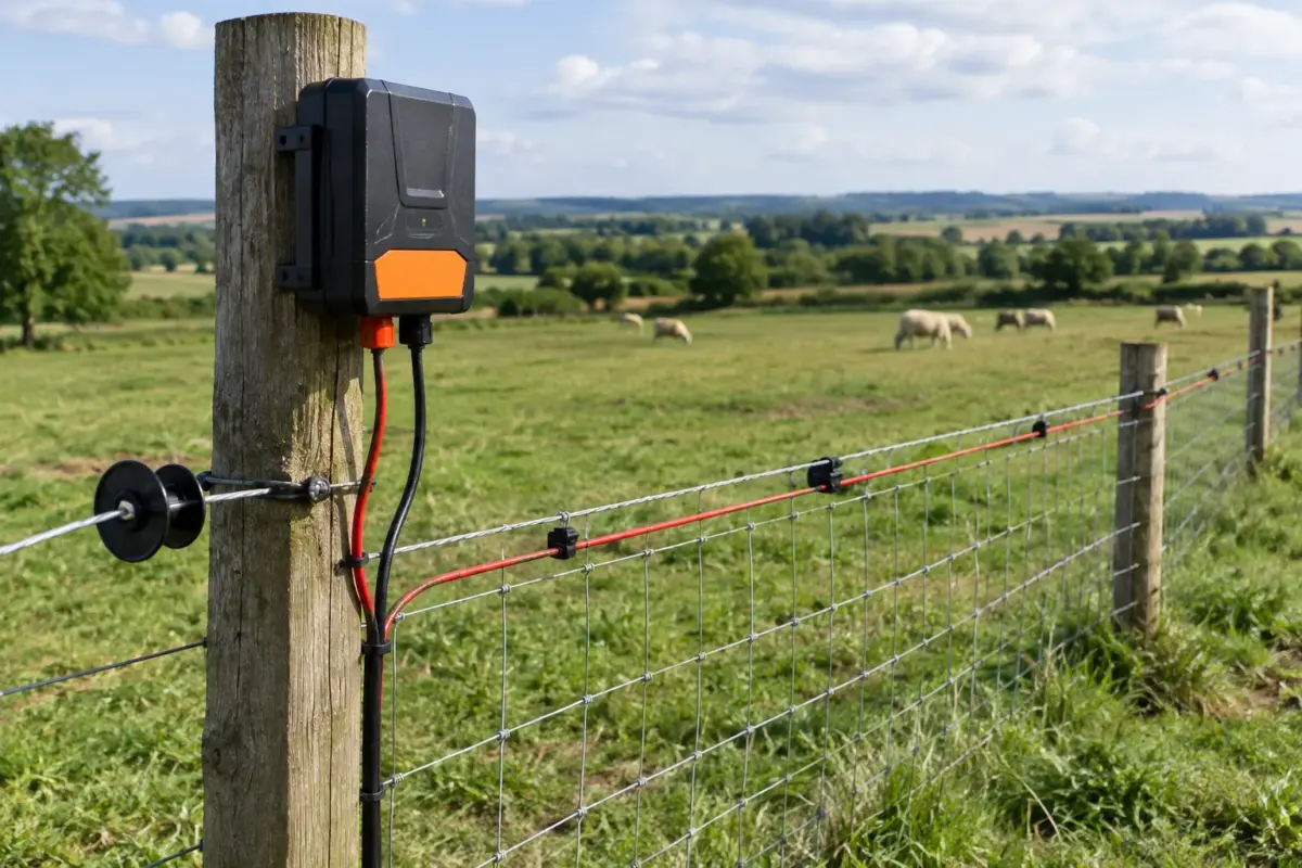 generator de gard electric montat lângă un gard pe teren agricol